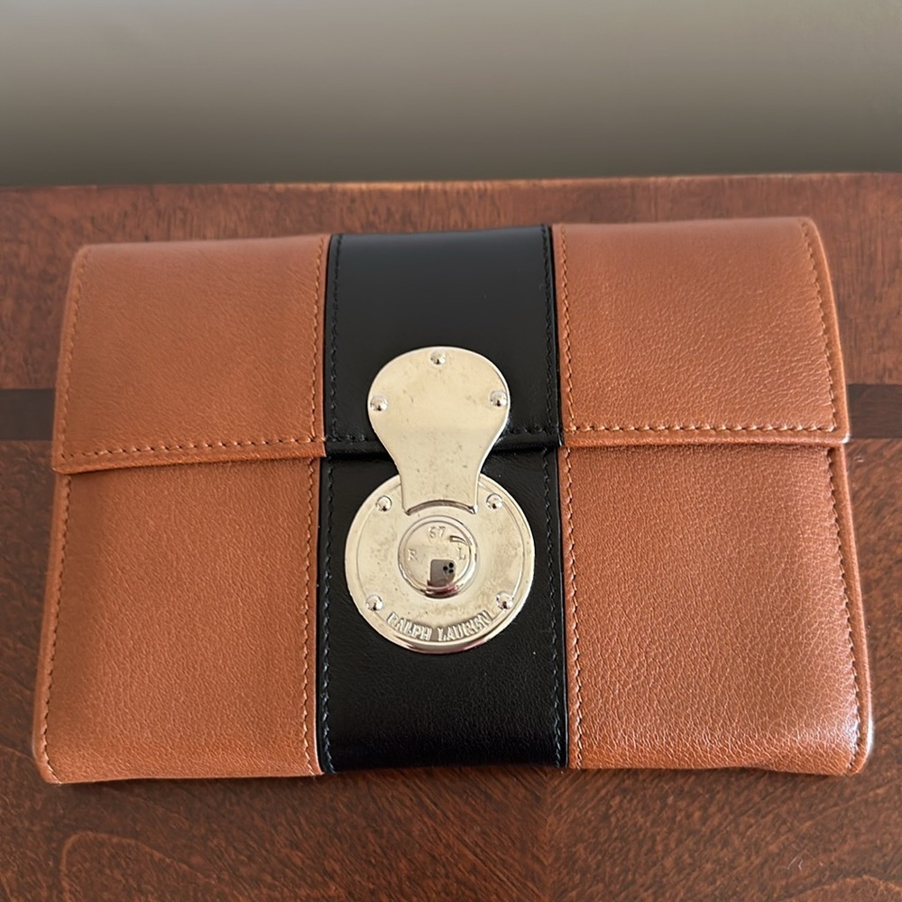 NWT Ralph Lauren Ricky Purple Label Leather Wallet Iconic Brown and Navy Color